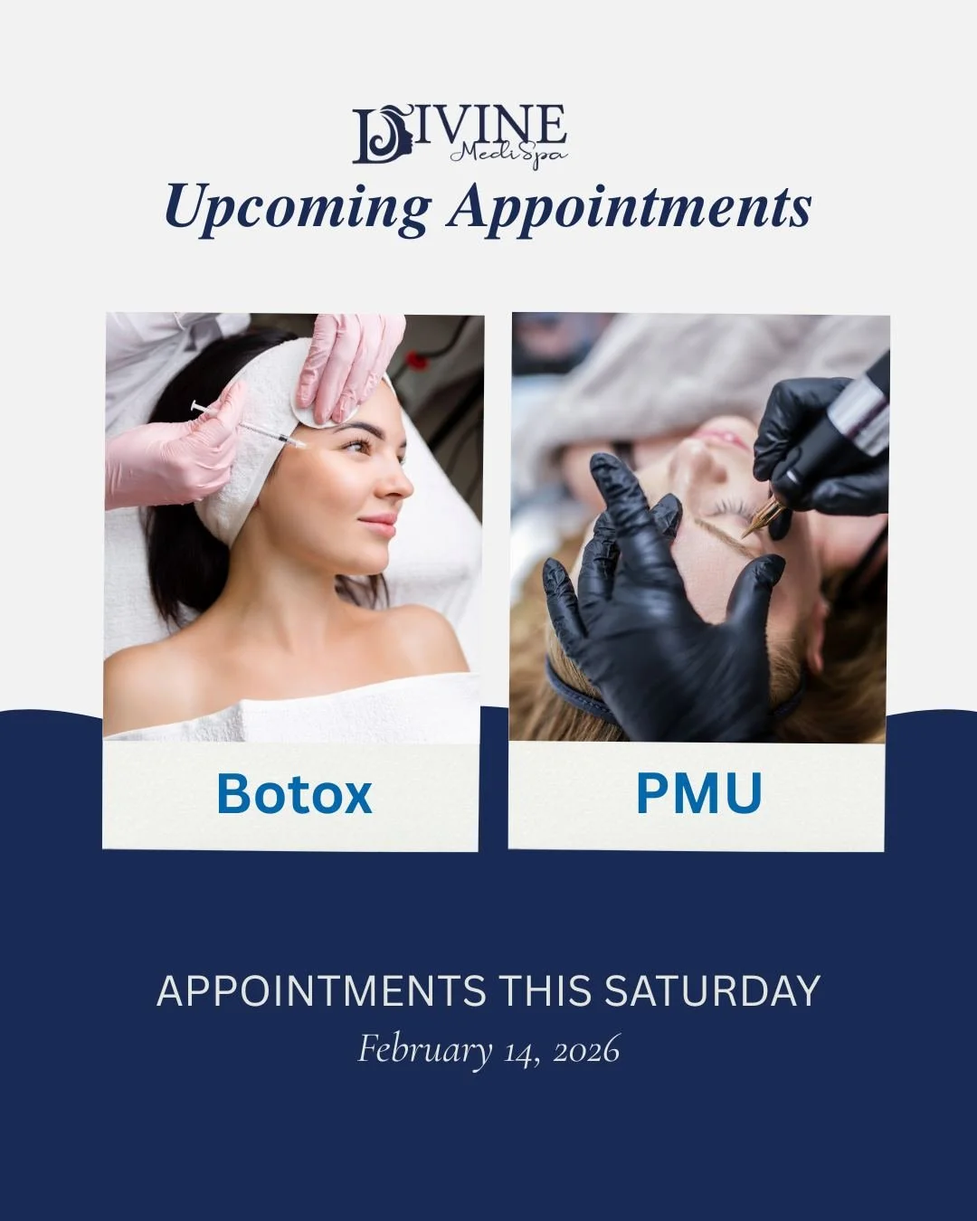 Upcoming Appointments Available ✨

We have limited upcoming availability for:
💉 Botox treatments
🎨 Permanent Makeup services

Spots fill quickly&mdash;book now to secure your appointment and stay feeling confident and refreshed.
