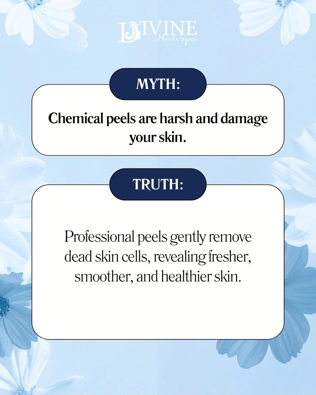 MYTH: Chemical peels are harsh and damage your skin.
TRUTH: Professional peels gently remove dead skin cells, revealing fresher, smoother, and healthier skin. 🌸✨

At Divine MediSpa, our customized peels are designed to improve texture, target fine l