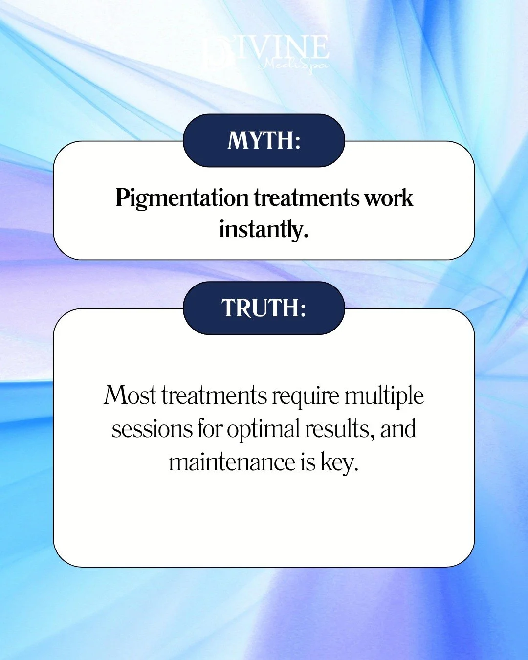 MYTH: Pigmentation treatments work instantly.
TRUTH: Achieving even, radiant skin takes professional care, patience, and multiple sessions for the best results. 🌟

At Divine MediSpa, our pigmentation treatments target sunspots, melasma, and uneven s