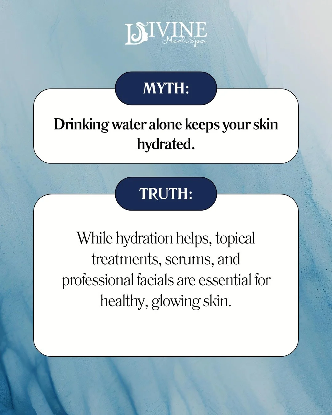 MYTH: Drinking water alone keeps your skin hydrated.
TRUTH: While drinking water helps, professional treatments, serums, and facials are essential to truly nourish and lock in moisture for healthy, glowing skin. 💧✨

At Divine MediSpa, we offer custo