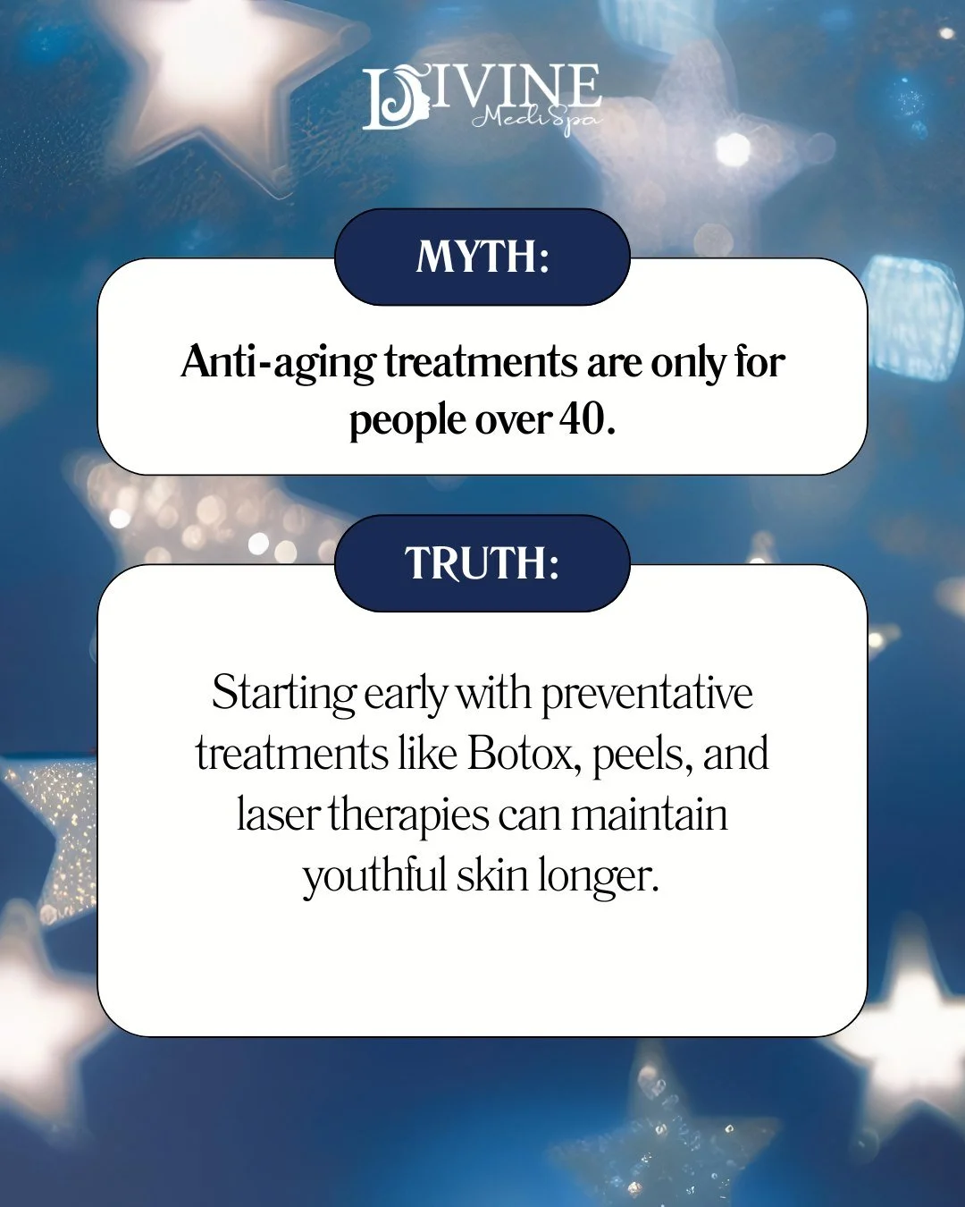 MYTH: Anti-aging treatments are only for people over 40.
TRUTH: Preventative care is key! Starting early with treatments like Botox, dermal fillers, peels, and laser therapies helps maintain youthful skin and prevent fine lines from forming. ✨

At Di