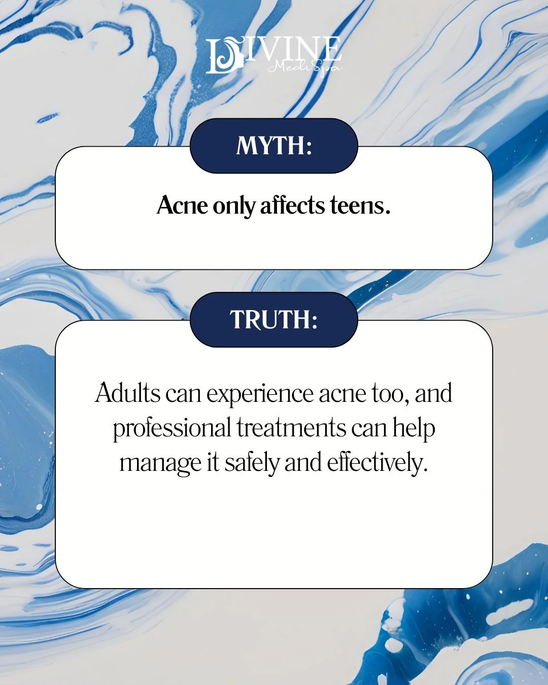 MYTH: Acne only affects teens.
TRUTH: Adult acne is common and treatable! Hormonal changes, stress, and lifestyle can trigger breakouts at any age&mdash;and professional treatments can help manage them safely and effectively. 🌸✨

At Divine MediSpa, 