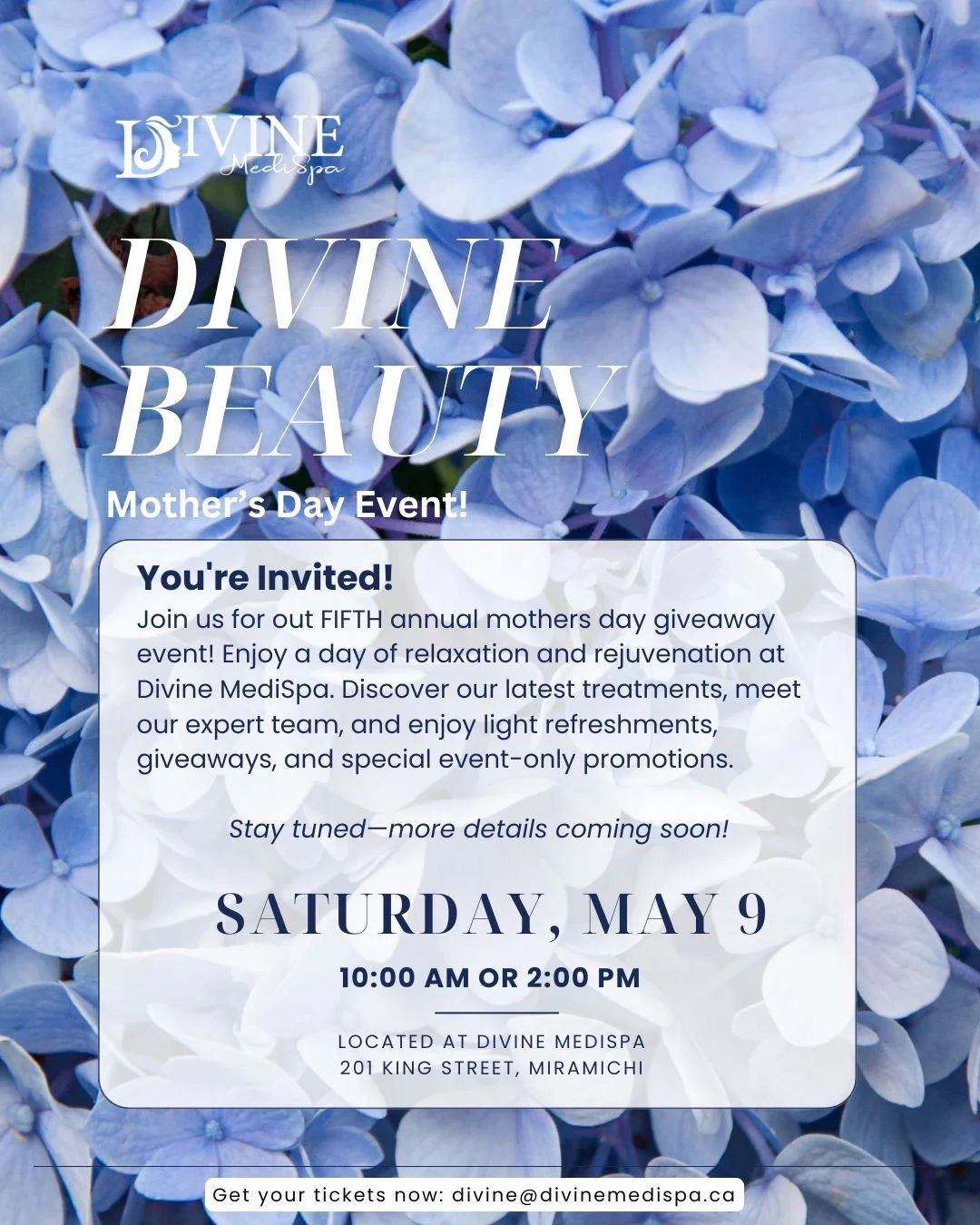 💐 Divine Beauty Mother&rsquo;s Day Event 💐

Join us at Divine MediSpa for a special Mother&rsquo;s Day celebration dedicated to beauty, self-care, and relaxation.

📅 Saturday, May 9
🕙 Session 1: 10:00 AM
🕑 Session 2: 2:00 PM

Spots are limited &