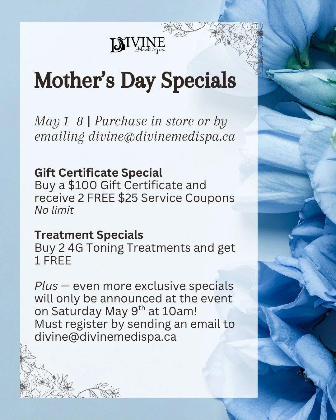 ✨ Our Divine Beauty Mother&rsquo;s Day Event Specials are here! ✨

From bonus gift certificates to exclusive treatment packages, we have some amazing offers to help you glow all summer long ☀️💖

Plus &mdash; even more specials will ONLY be announced