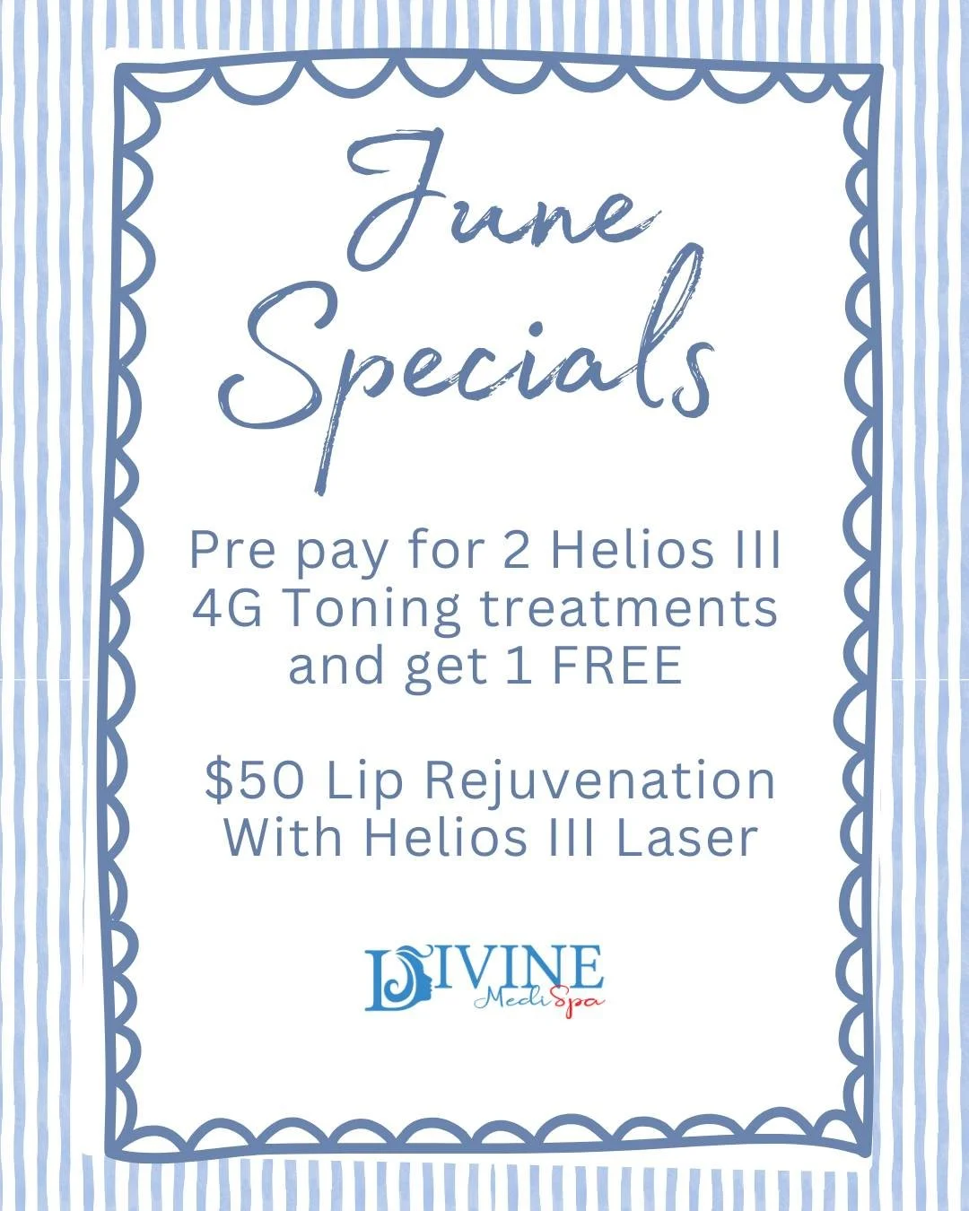 ✨🌞 JUNE SPECIALS ARE HERE! 🌞✨

Get glowing skin this summer with our limited-time June offers:

⭐ Buy 2 Helios III 4G Toning Sessions, Get 1 FREE
Improve skin tone, reduce pigmentation, target redness, and reveal a brighter, more radiant complexion