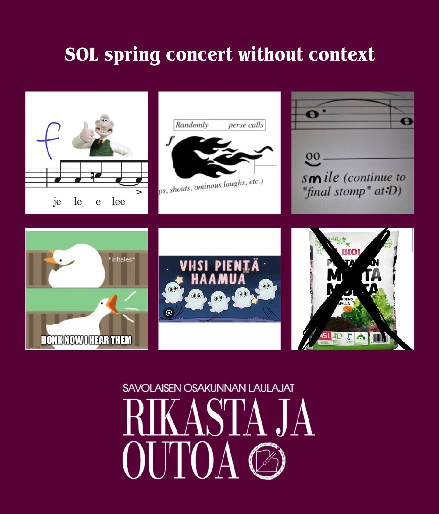 Konserttiviikko on t&auml;&auml;ll&auml;! 🎶 Hanki siis lippusi nyt (solkuoro.fi/verkkokauppa), tule konserttiin perjantaina klo 18.30 ja kerro, kuinka monta n&auml;ist&auml; bongasit 👀🔥 (Kiitos kuoron ryhm&auml;chatille n&auml;ist&auml; taiteellis