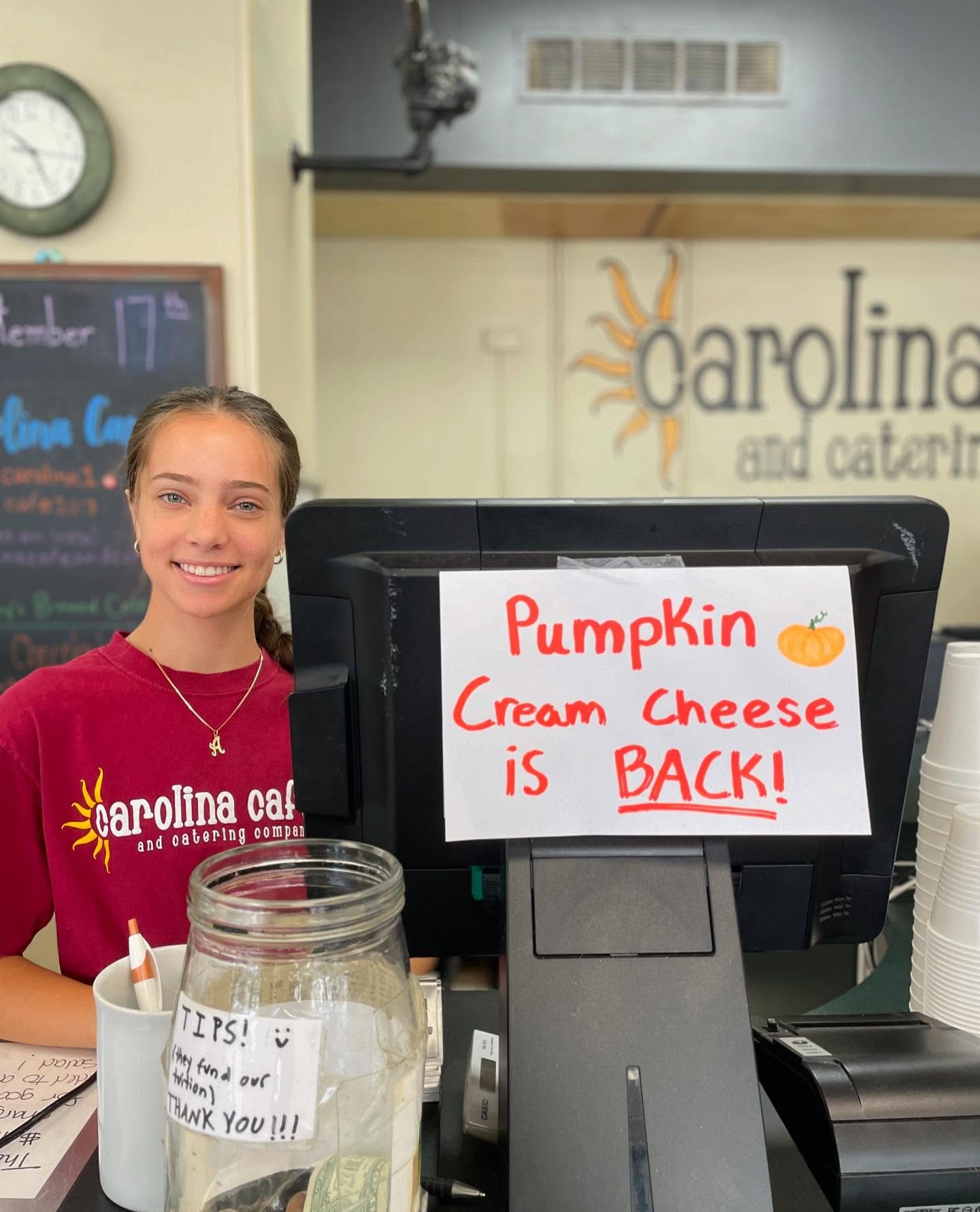 Pumpkin Cream Cheese is BACK! 🎃🍂☀️
Get it on any of our house-made bagels! Only at Carolina Cafe, located at the corner of Pendleton and Sumter street, across from the Horseshoe. 
#pumpkinspice #fall #columbiasc #carolinacafe