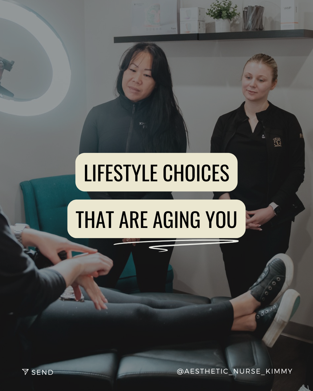 A woman lying on a medical exam chair with her legs elevated, in a clinical setting with two women standing nearby. The overlay text reads "Lifestyle Choices That Are Aging You."