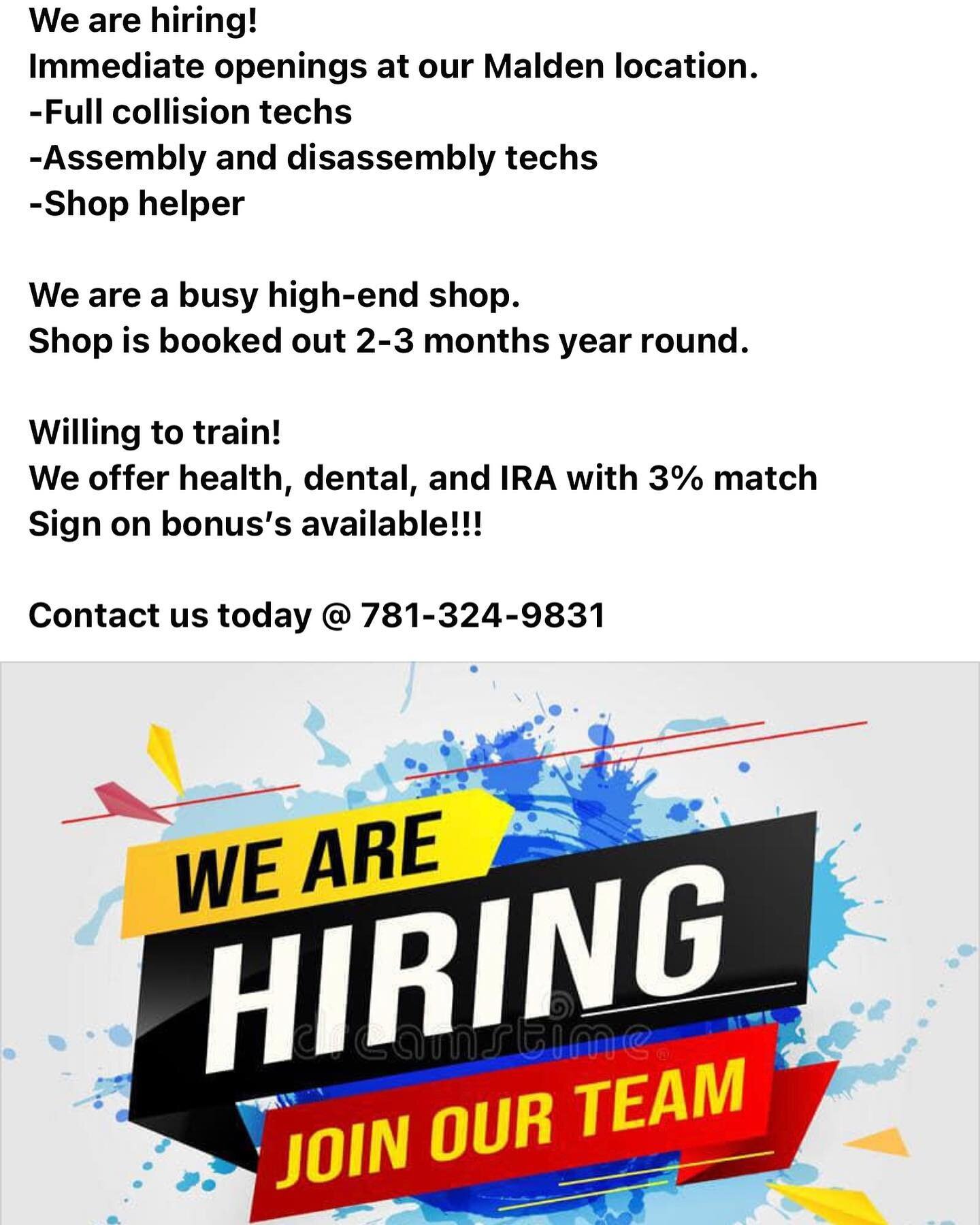 Openings available now! 
Come work for one of the fastest growing shops in the Boston area! 
Relocation options available for out of state applicants!!!
#boston #jobs #collision #collisonrepair #relocate