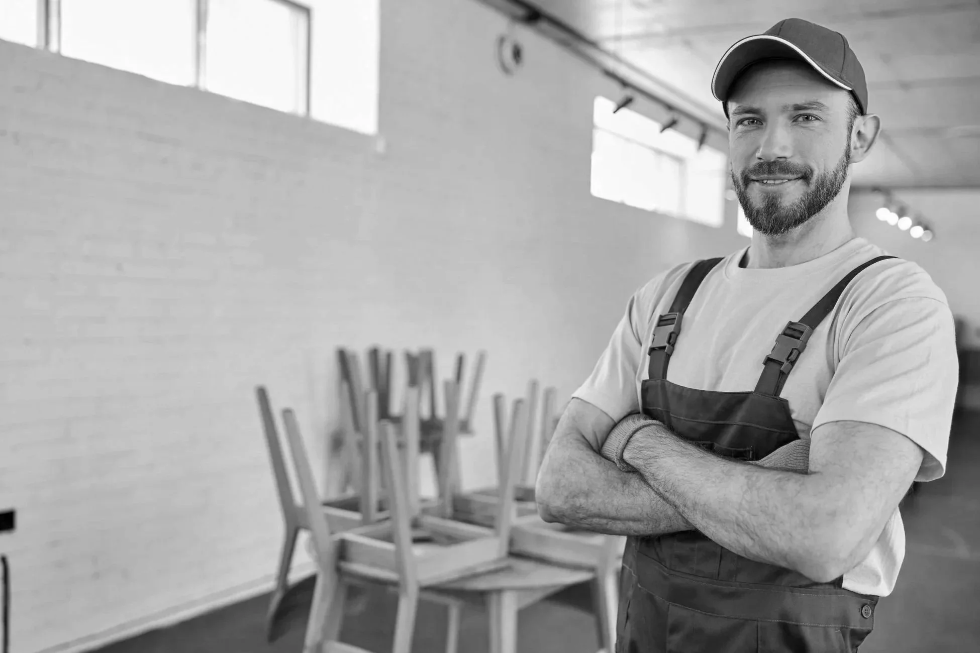 Ein Elektriker mit einem dunklen Baseballcap und einem grauen T-Shirt steht lächelnd mit verschränkten Armen in einem Raum mit hohen Fenstern, Holzstühlen auf dem Boden, schwarz-weiße Fotografie.