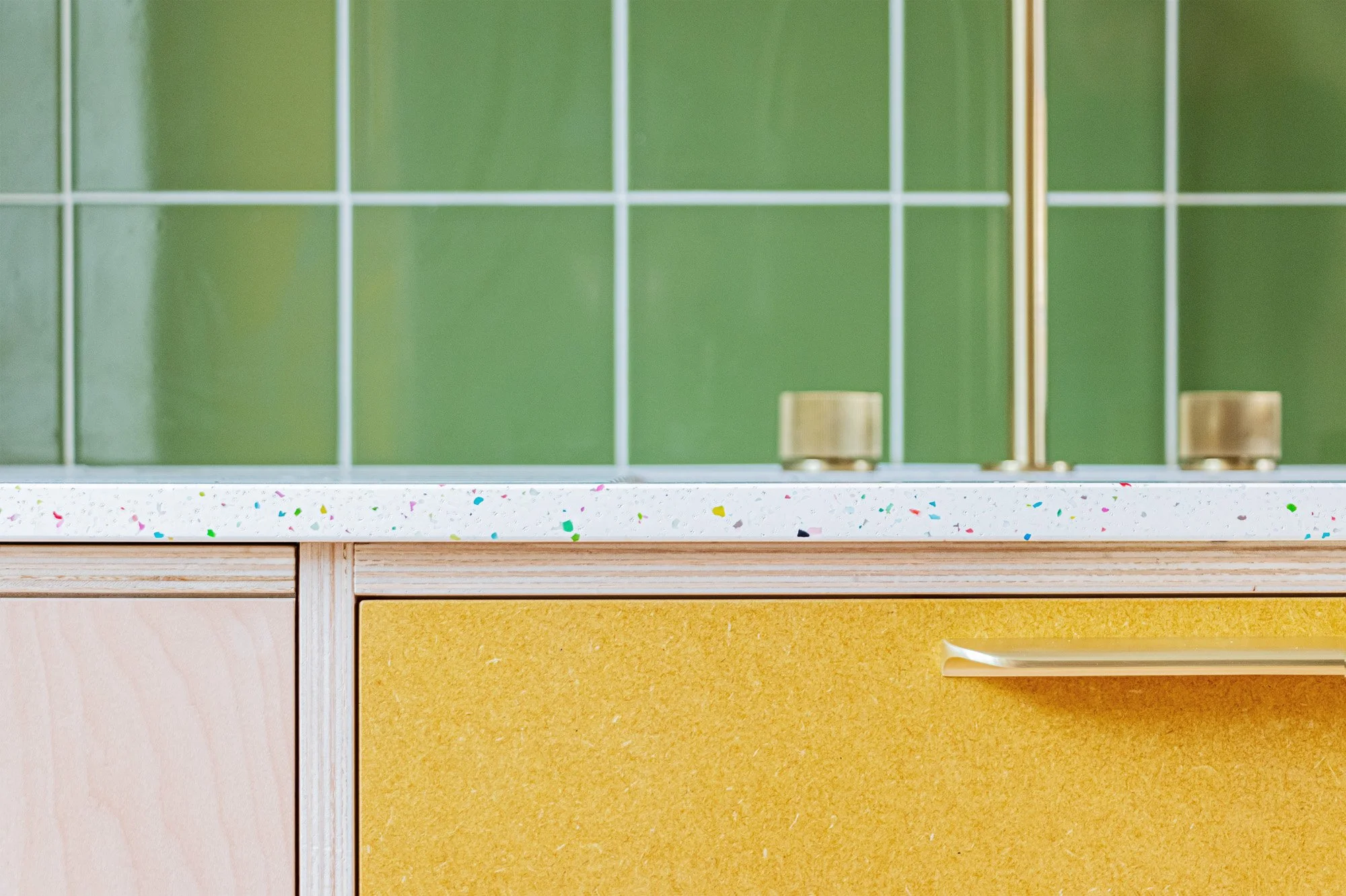A lovely sunny material palette on this spring morning - turmeric yellow Valchromat, White Lollipop Polygood worktops, and a Dowsing and Reynolds sink and tap.