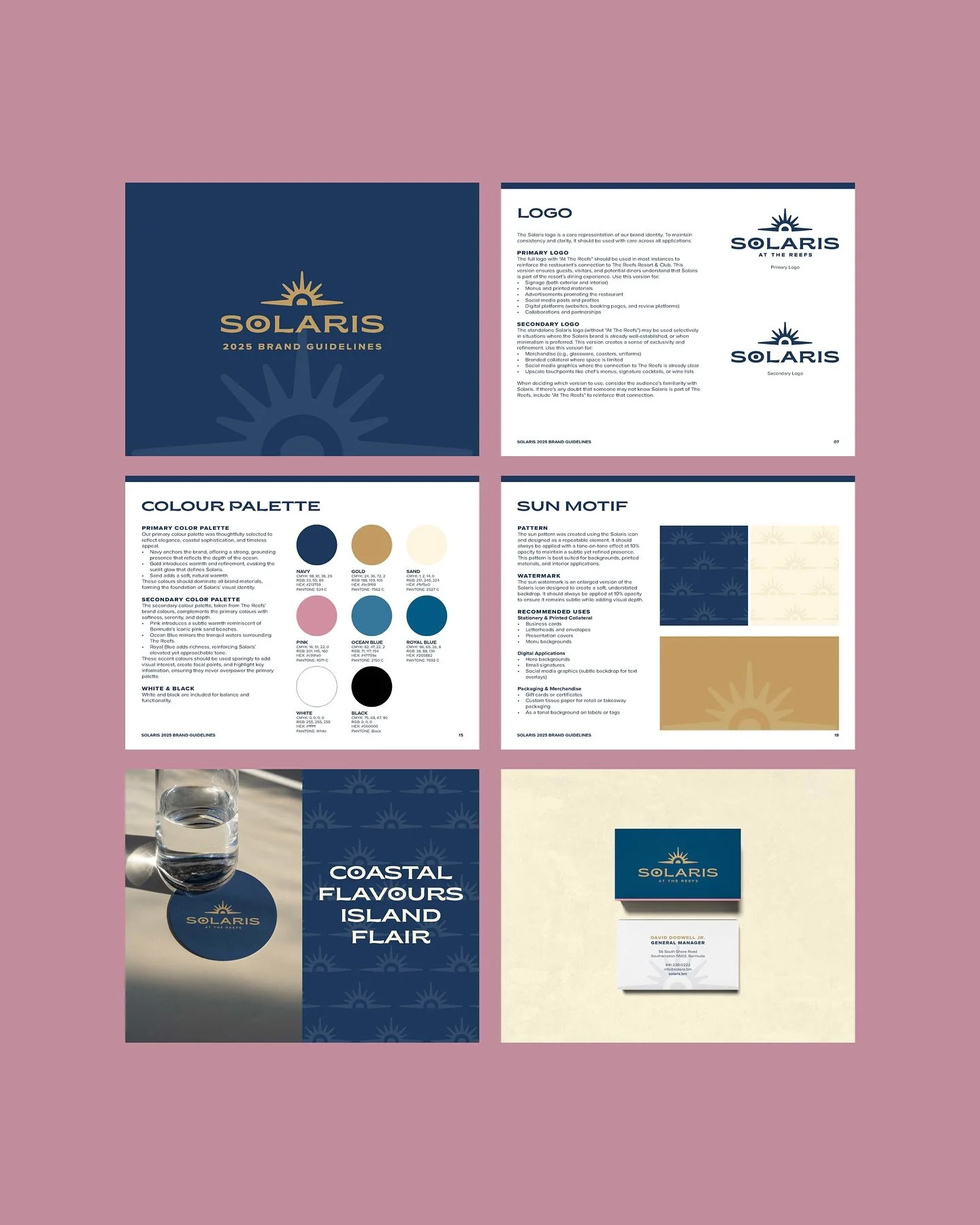 From a radiant icon inspired by the sun and horizon, to an island-inspired colour palette and serene photography direction, every detail of the Solaris brand was thoughtfully designed.

Our guidelines extend across digital, print, signage, menus, and