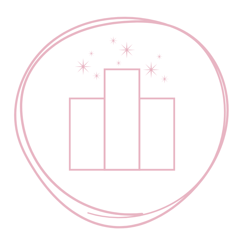 Pink outline of a three-tiered podium with stars above it, enclosed in a pink circle, on a black background.