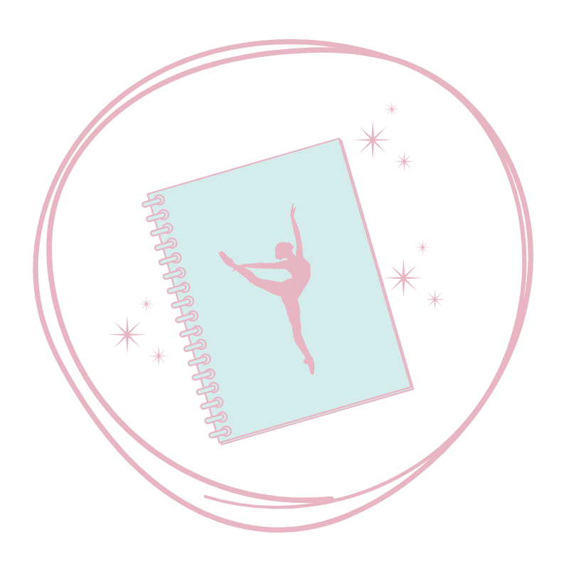 A pink silhouette of a ballerina on a light blue spiral notebook page, surrounded by pink stars and a pink double circle, on a black background.