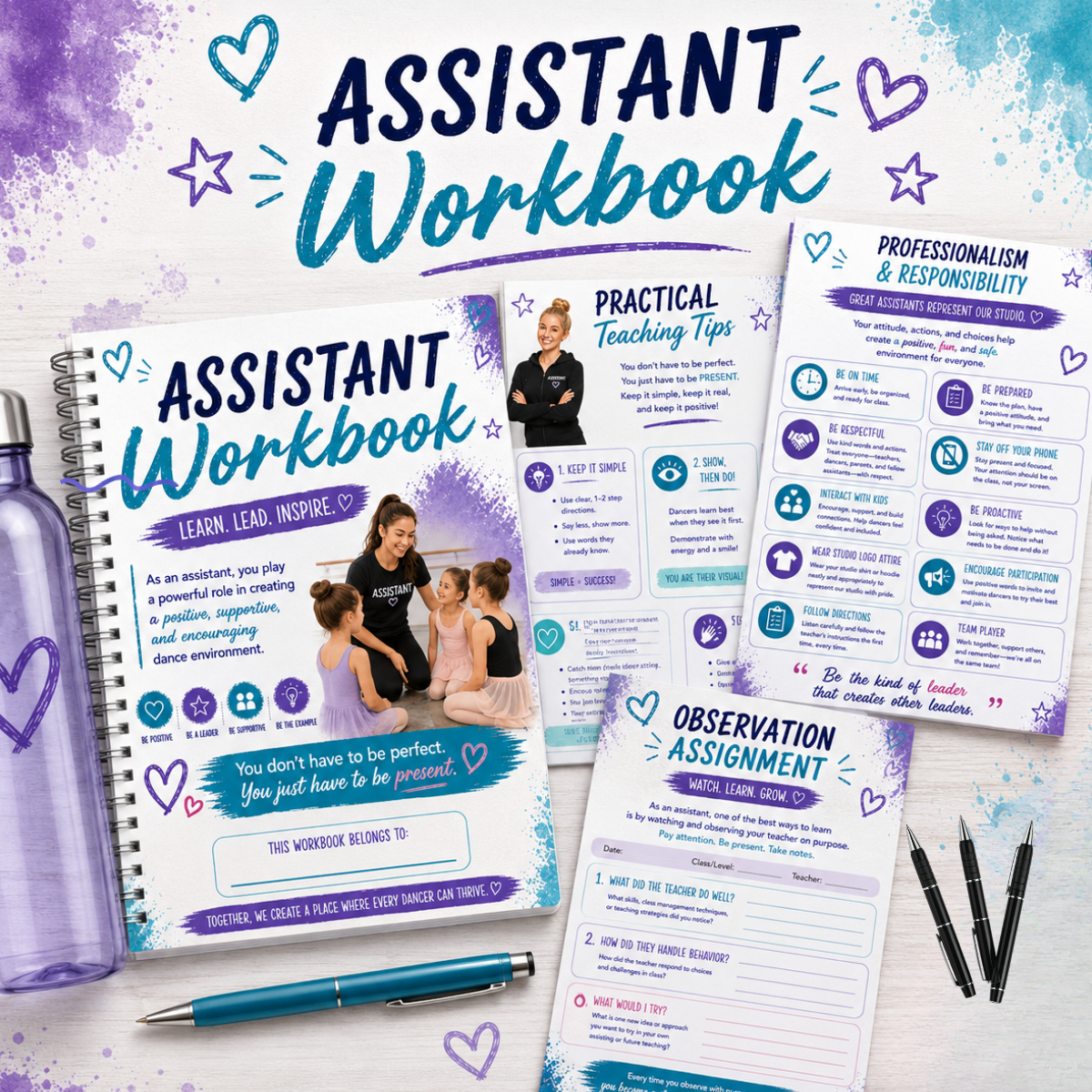 Images of an assistant workbook with colorful splashes, hearts, stars, and photos, including pages with practical teaching tips and observation assignment, on a desk with black pens and a purple water bottle.