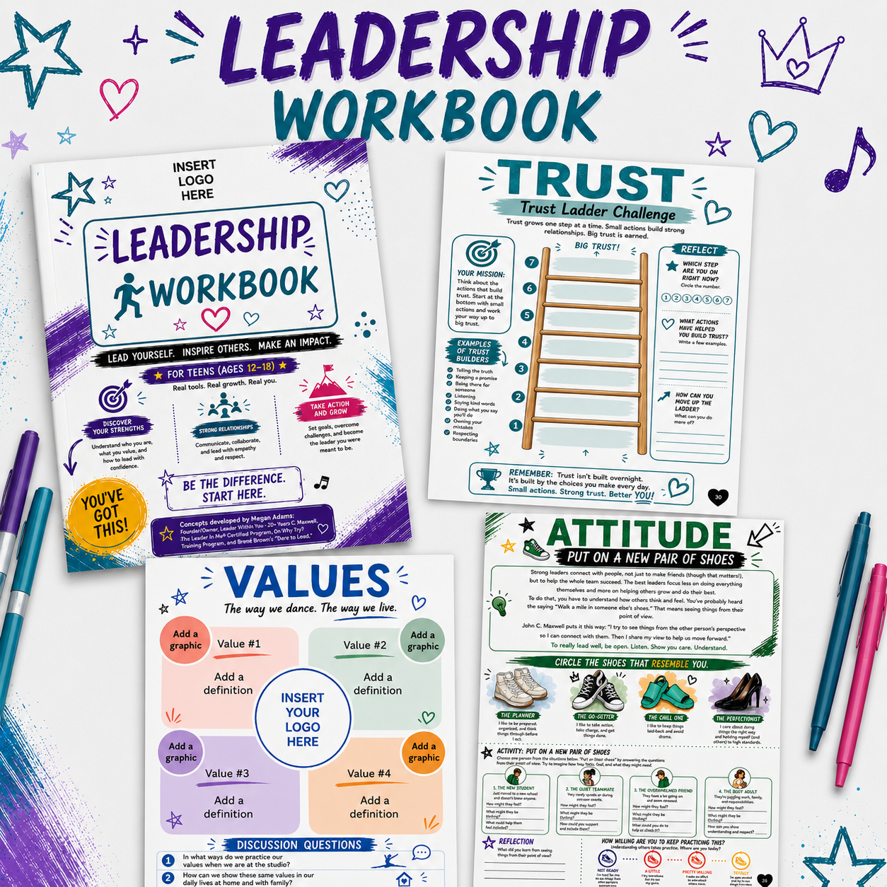 Image of a leadership workbook for teens, featuring pages on trust, attitude, and values, with colorful doodles, pens, and a white background.