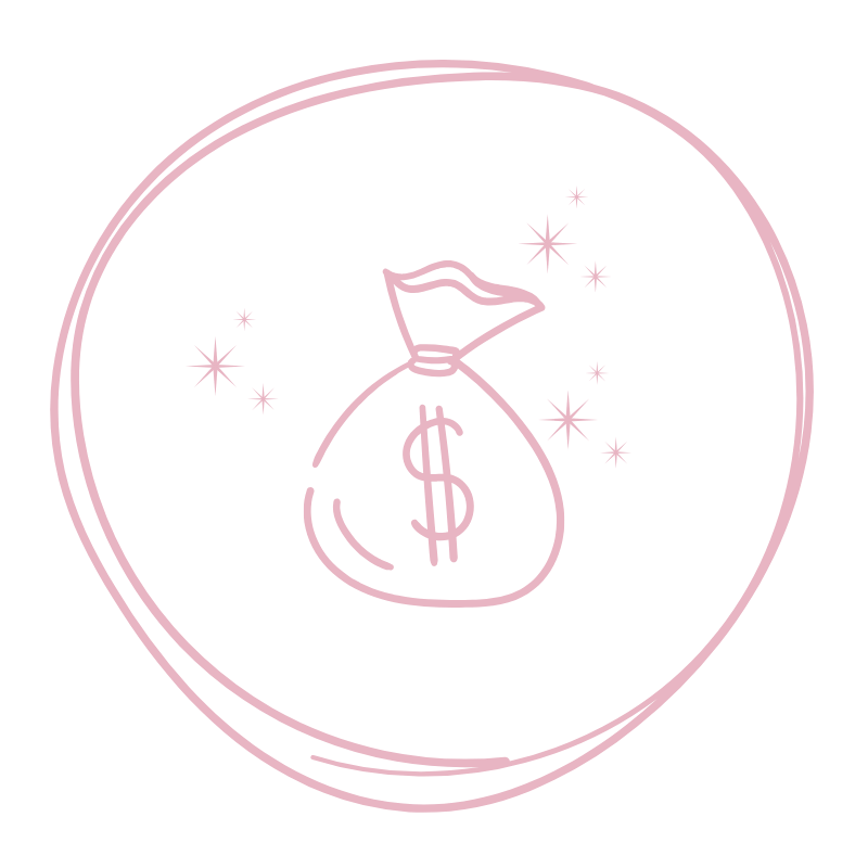 Pink line drawing of a money bag with a dollar sign inside, surrounded by sparkles, enclosed in a circle on a black background.