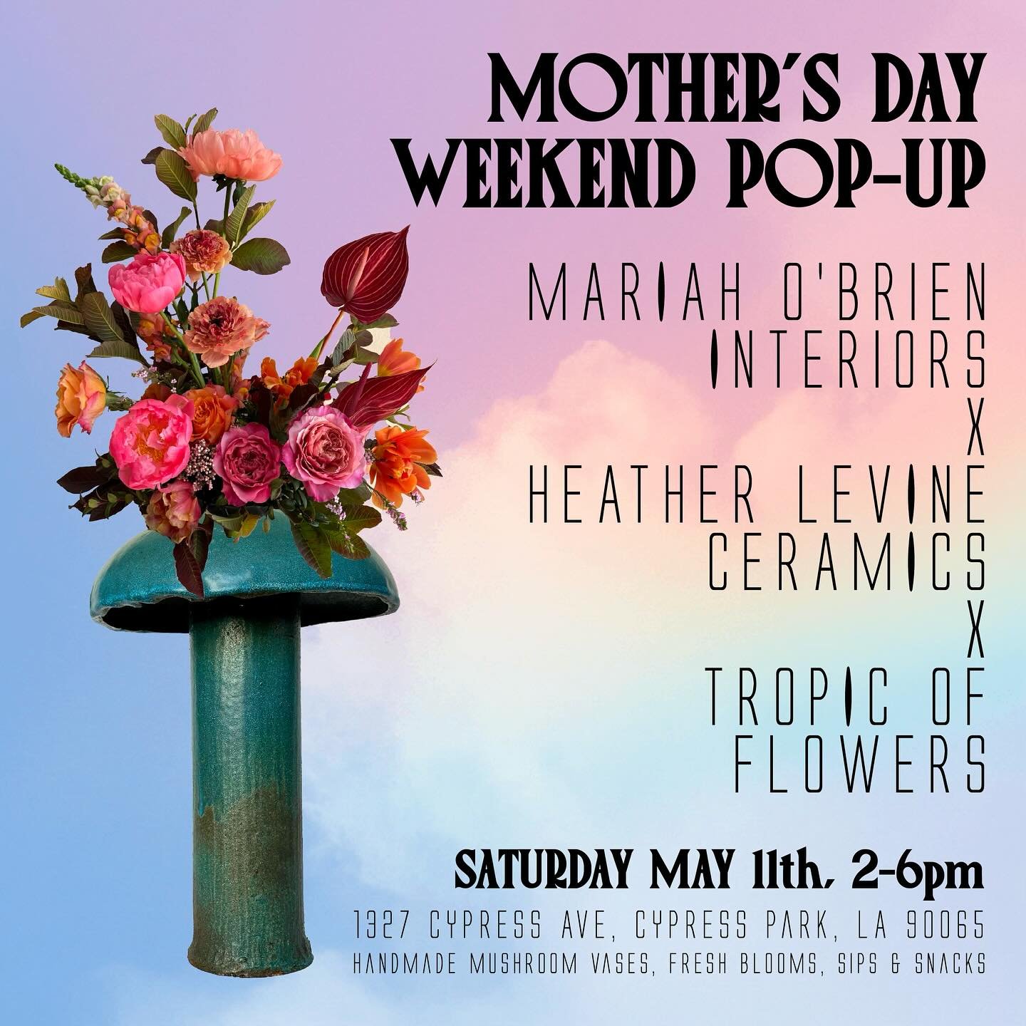 This Saturday at @mariahobrieninteriors studio we are holding a special pop-up with @heatherlevineceramics magical mushroom vases and @tropicofflowers fresh blooms! 🍄&zwj;🟫✨🌸✨🍄&zwj;🟫 Come thru to check out Mariah&rsquo;s new studio and stock up 