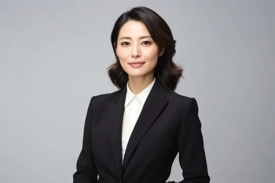 Professional woman with shoulder-length dark hair, wearing a black blazer and white shirt, standing against a gray background.