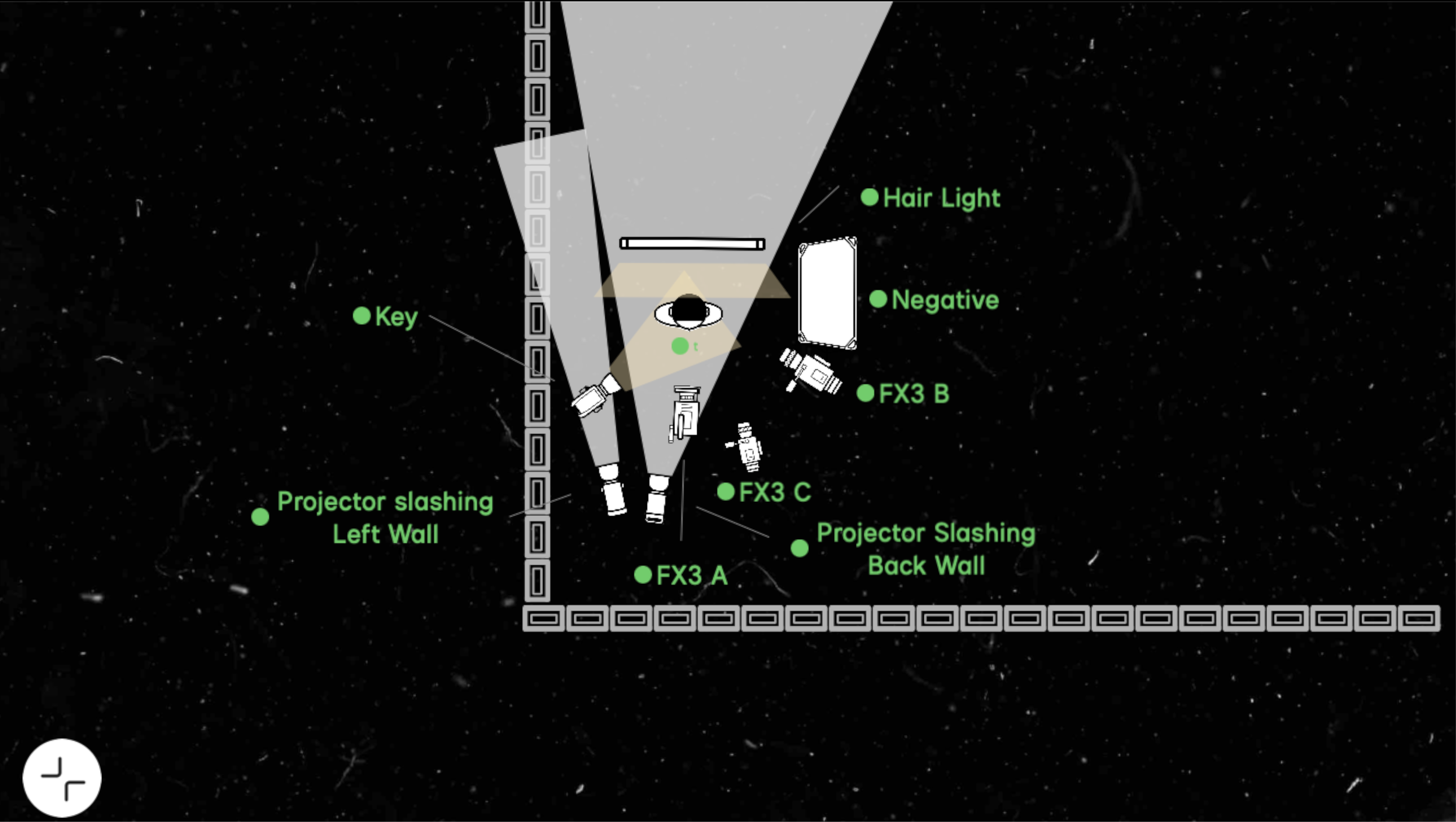 Diagram of a space scene showing various labeled equipment and markers, including key, hair light, negative, FX3 B and C, projector slashing back wall and left wall, and other technical equipment.