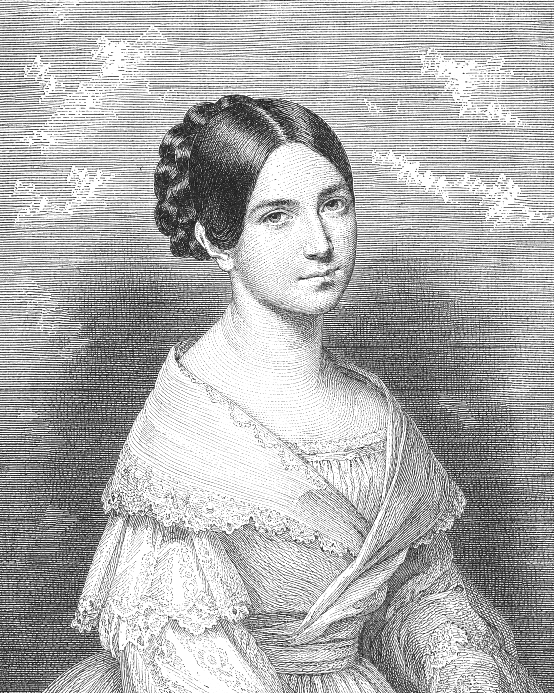 Portrait de Léopoldine Hugo  en vieux style, en noir et blanc.
