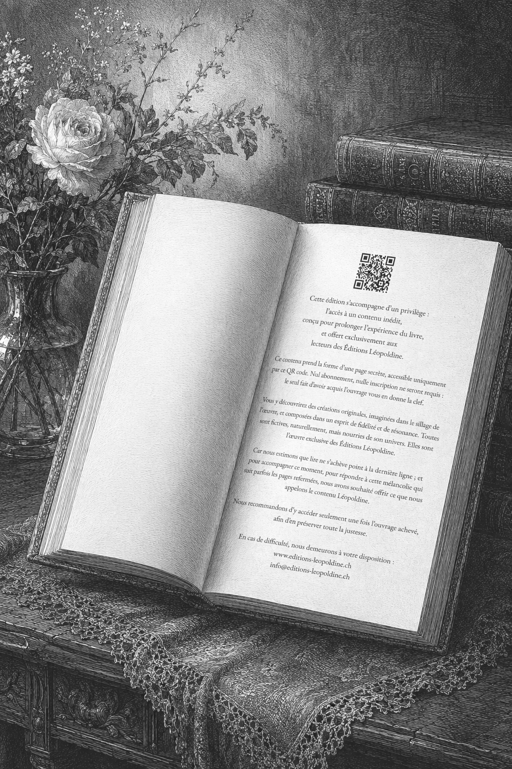 Livre ouvert avec texte en français, posé sur une table en bois ancienne avec une nappe en dentelle, à côté d'une vase avec des fleurs, et un rempart de livres anciens en arrière-plan.