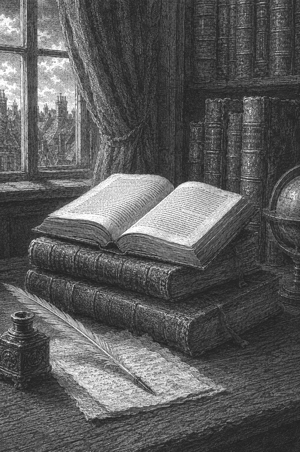 Une image en noir et blanc d'une vieille bibliothèque avec une table en bois. Sur la table, il y a un encrier, une plume et une feuille de papier. Sur la table, aussi, plusieurs livres anciens empilés, avec un livre ouvert posé dessus. En arrière-plan, une fenêtre avec des rideaux en tissu épais laisse entrer la lumière, et on voit un ciel nuageux à l'extérieur. À droite, une étagère remplie de livres et un globe terrestre sont visibles.