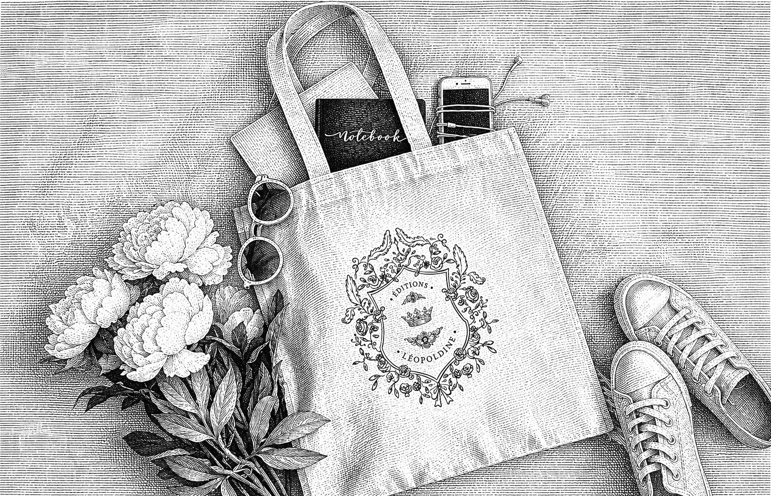 Sac en toile avec logo floral, contenant un carnet, des lunettes de soleil, un téléphone et un livre, posé près de chaussures de sport, une fleur et un bouquet de fleurs.