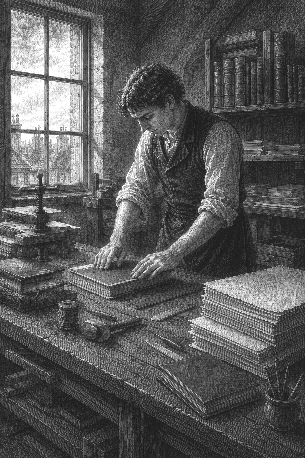 Un homme travaillant dans un bureau ancien, avec une grande pile de papiers et des livres, en noir et blanc.
