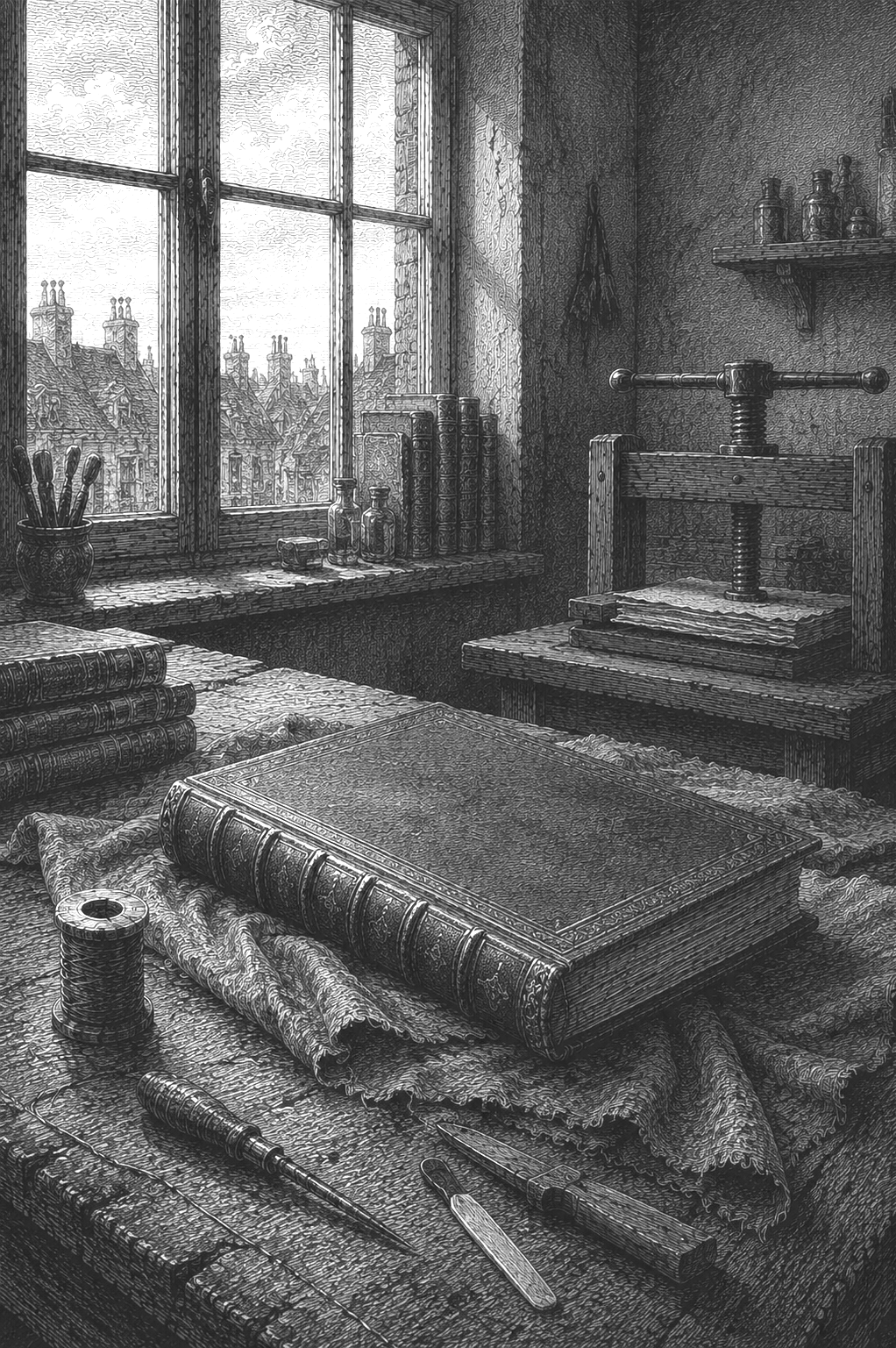 Un bureau d'époque avec une grande fenêtre, des livres, des bouteilles en verre, des outils d'écriture, et une presse en bois, le tout en noir et blanc.