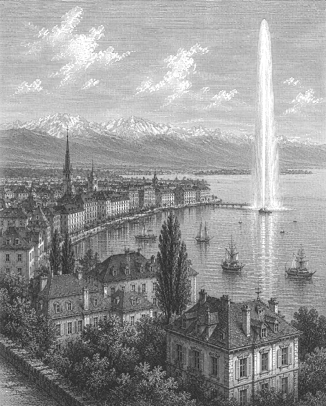 Une illustration en noir et blanc d'une ville avec un lac, des bateaux, des bâtiments historiques, deux églises, une montagne avec des sommets enneigés en arrière-plan, et la fontaine de Jet d'eau de Genève en premier plan.