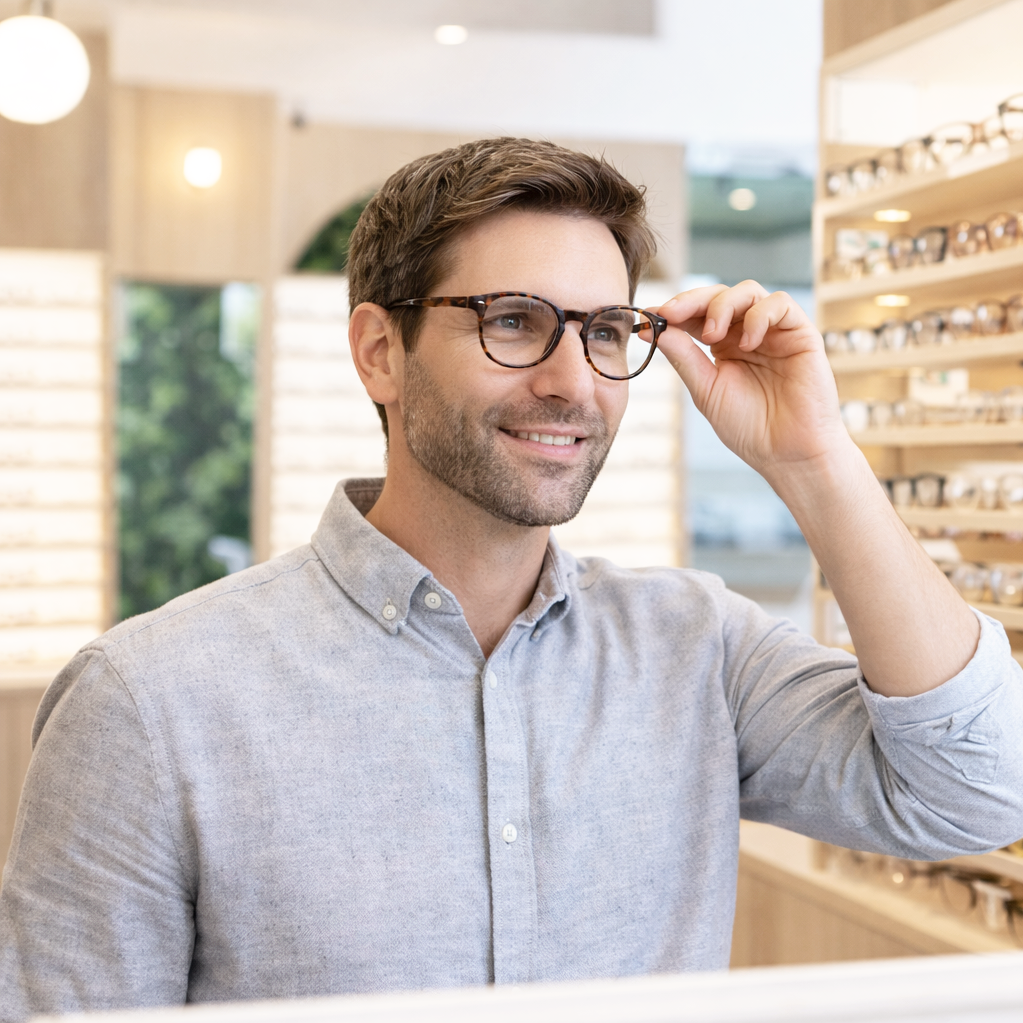 Man trying on eyeglasses at an optician's store, smiling while adjusting his glasses.