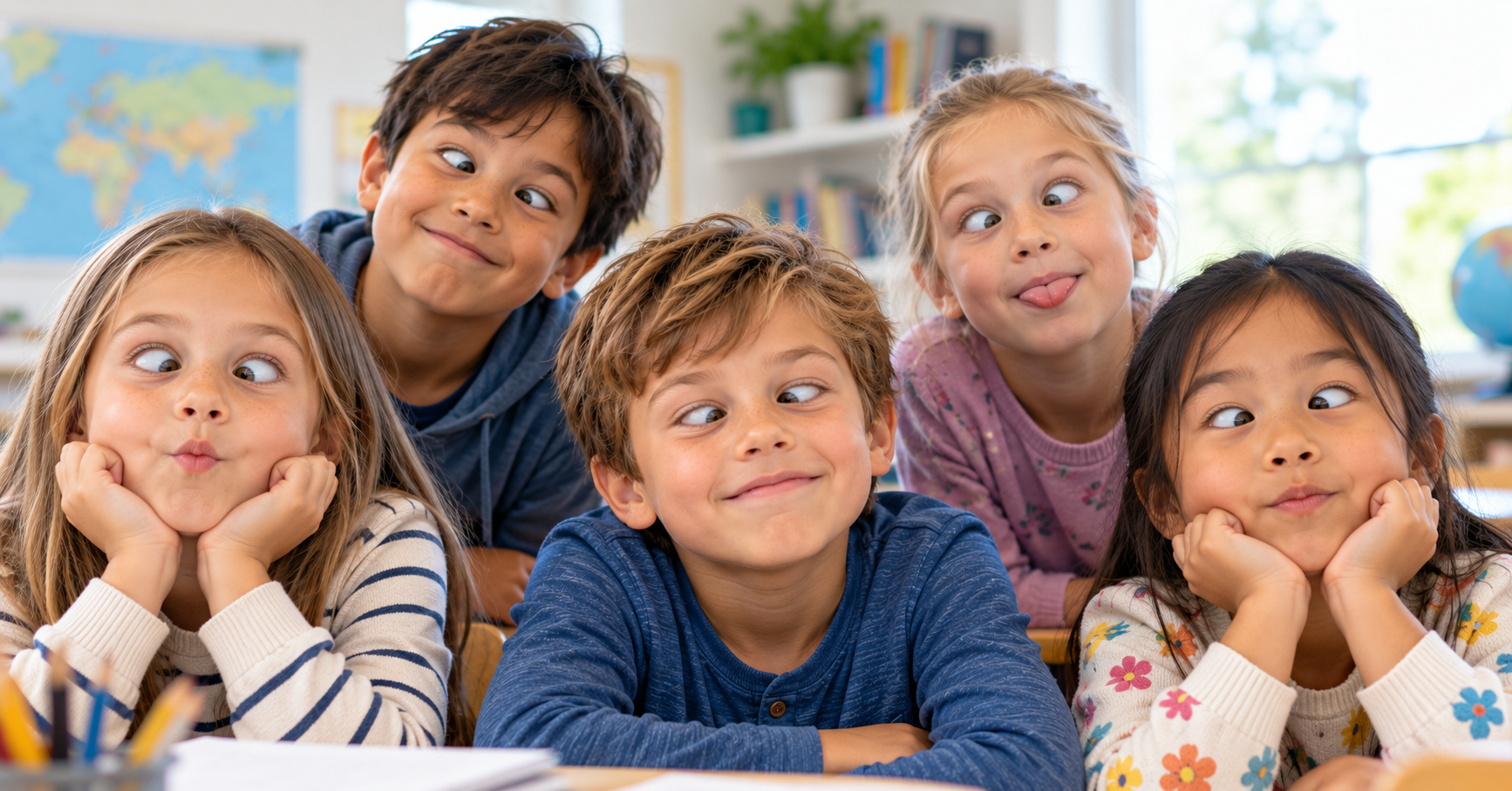 Children playfully crossing their eyes in a classroom, illustrating the common myth that crossing your eyes can make them stay that way.
