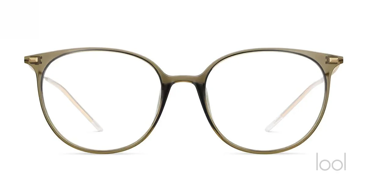 lool eyewear Quoin in a unique transparent, olive-green frame  — available at Helio Optometry Edmonton