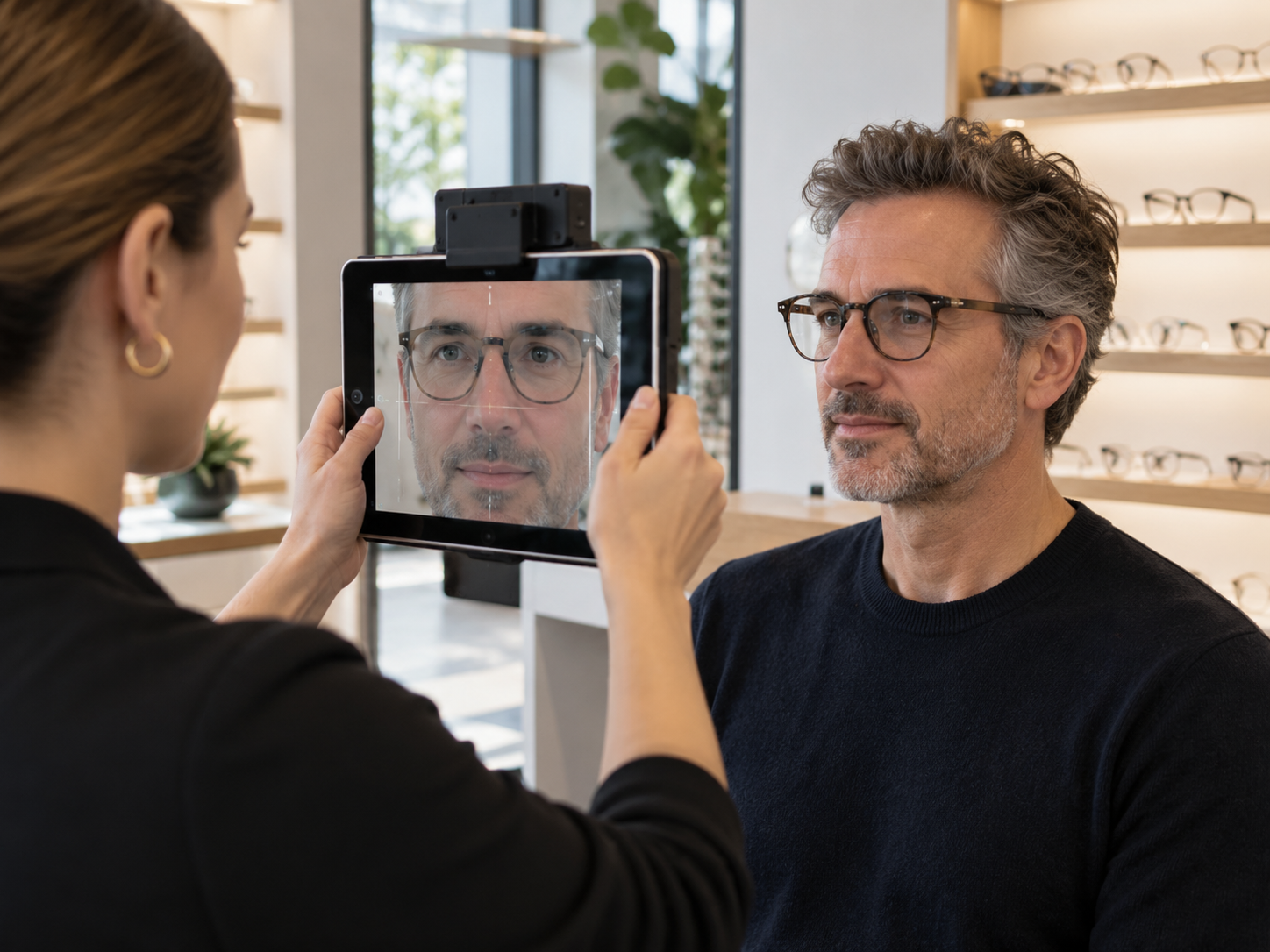 Optikam digital measurements being taken for precise progressive lens fitting at Helio Optometry in Edmonton.