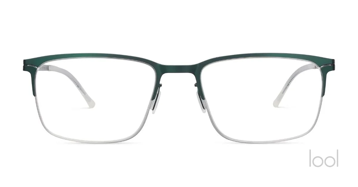 A pair of eyeglasses with a dark green upper frame and clear lower frame, no lenses, against a white background.