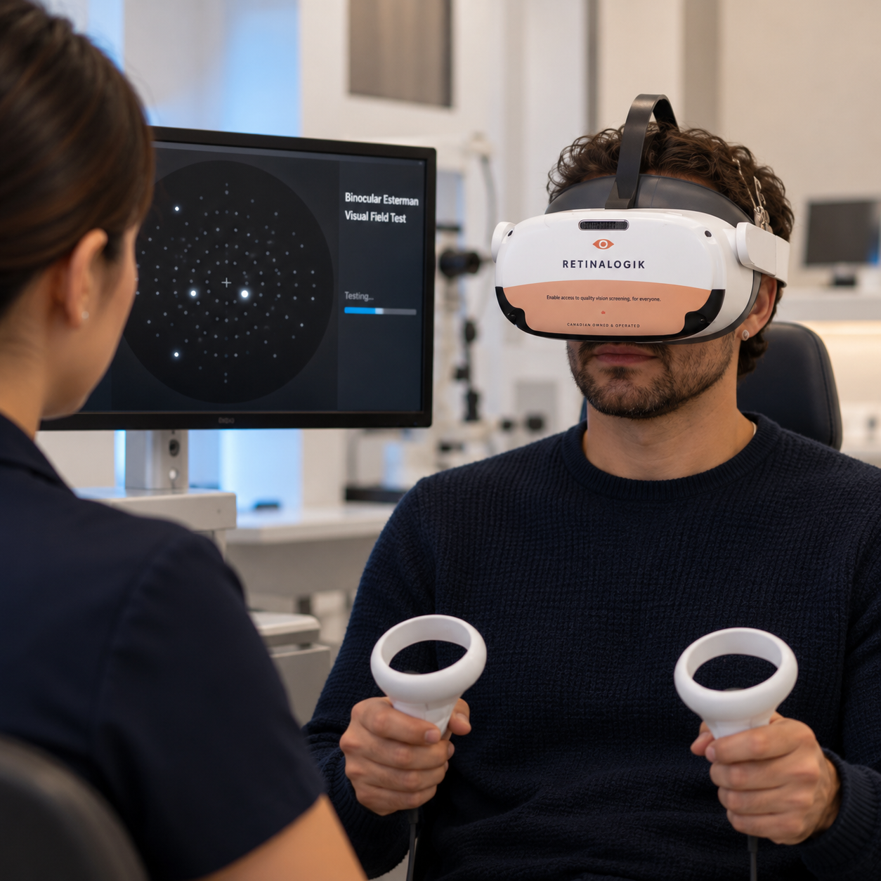 Patient undergoing a binocular Esterman visual field test using a Retinalogik headset at an optometry clinic in Edmonton.