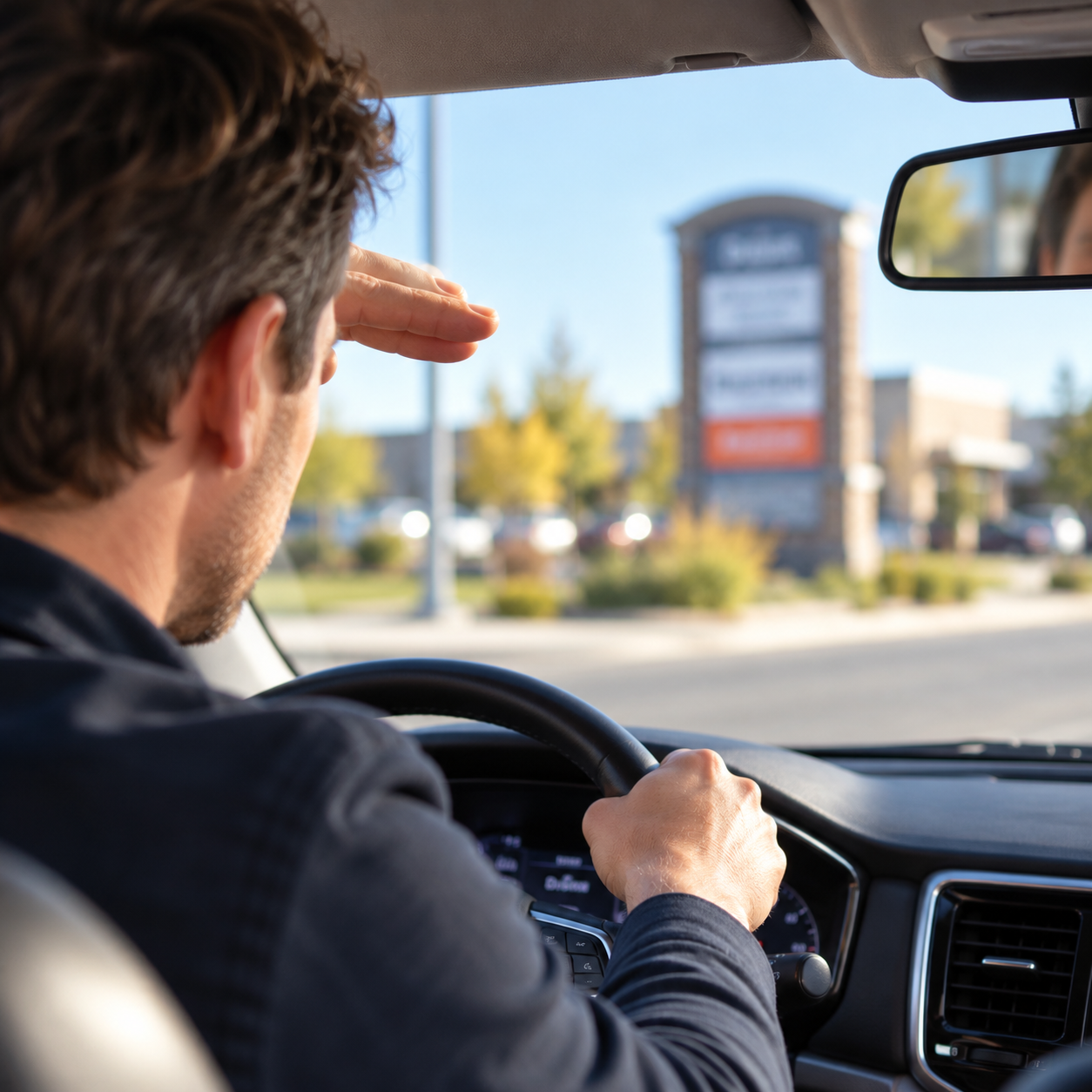 Driver squinting to read a blurry roadside sign, highlighting the importance of clear vision for safe driving in Alberta.