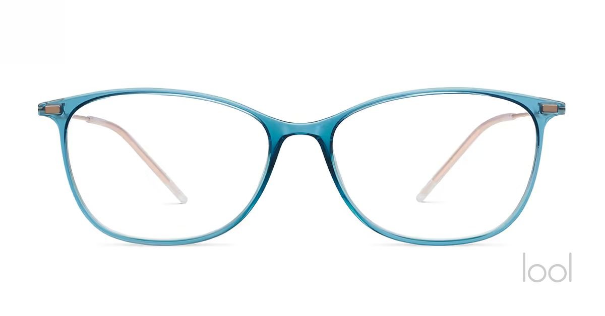 lool eyewear TILE frame in blue with clear lenses and pinkish arms.— available at Helio Optometry Edmonton
