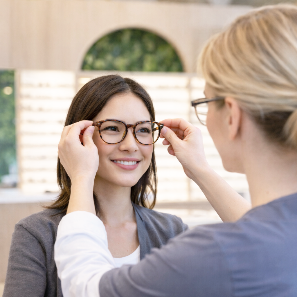 Licesned optician helping a Helio Optometry patient select a pair of Aperature eyewear glasses