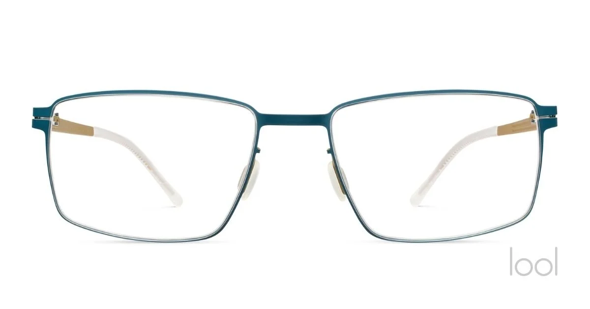 A pair of modern, rectangular eyeglasses with a thin, dark blue metal frame and beige nose pads, set against a white background.