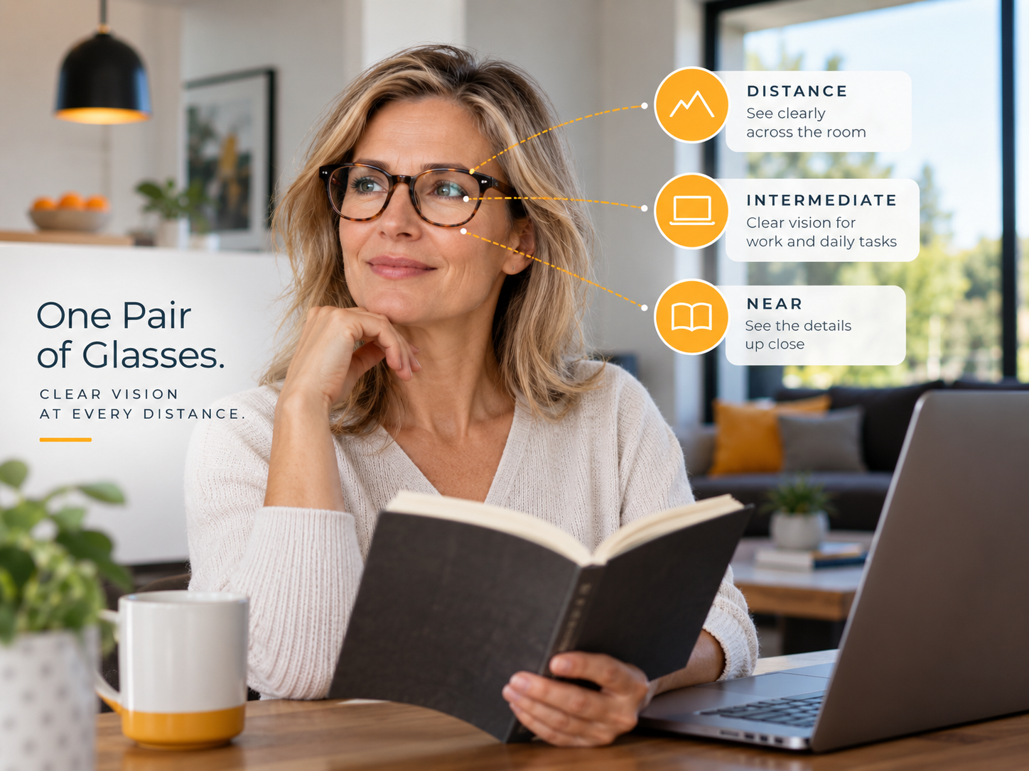 Woman wearing progressive eyeglasses showing distance, intermediate and near vision at Helio Optometry in Edmonton.