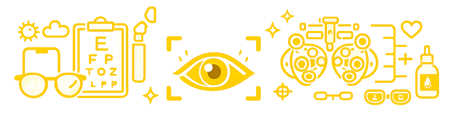 Illustration of various eye care and eye health related items like eye drops, eye chart, eye examination, eye chart, and an eye symbol.