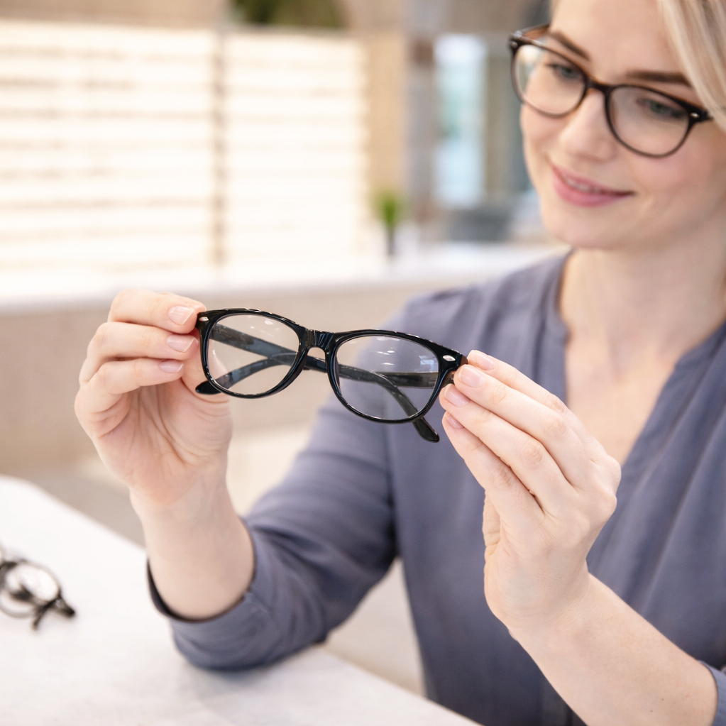 Young lady looking at a frame from the Aperature Eyewear collection to decide what kind of upgrades she might like