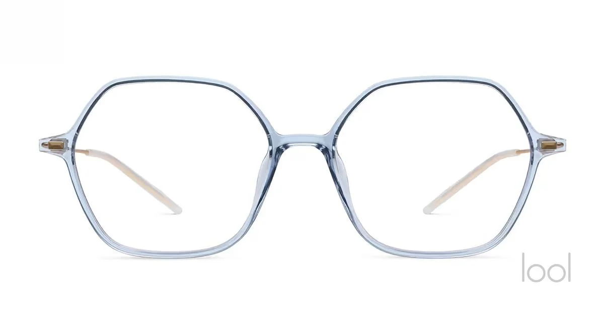 A pair of clear, hexagonal-framed eyeglasses with beige temples on a white background.- lool eyewear - Helio Optometry in Edmonton