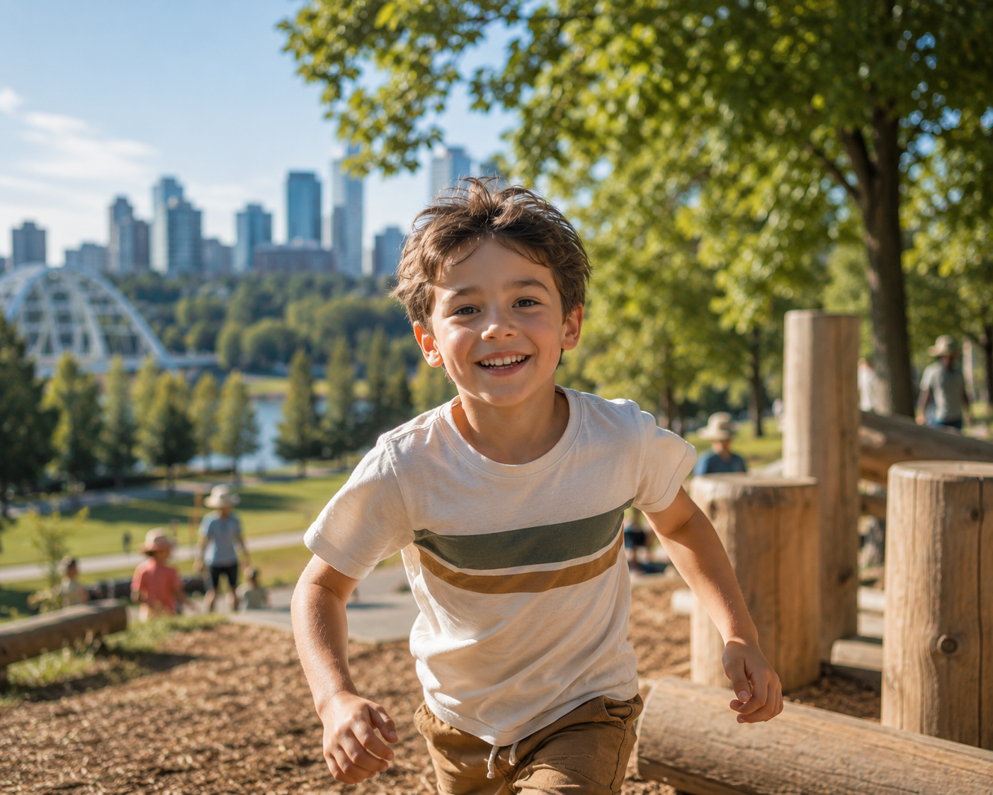 A young boy running and smiling at a park on a sunny day, with trees and a city skyline in the background.