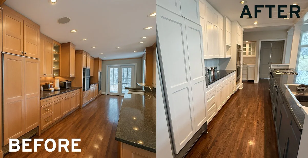 A before and after image of a kitchen getting a high quality paint service.
