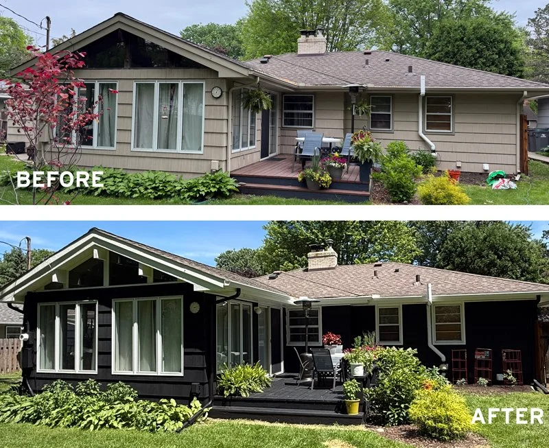 A before and after image showing an amazing transformation of a deck and house after a quality paint service.