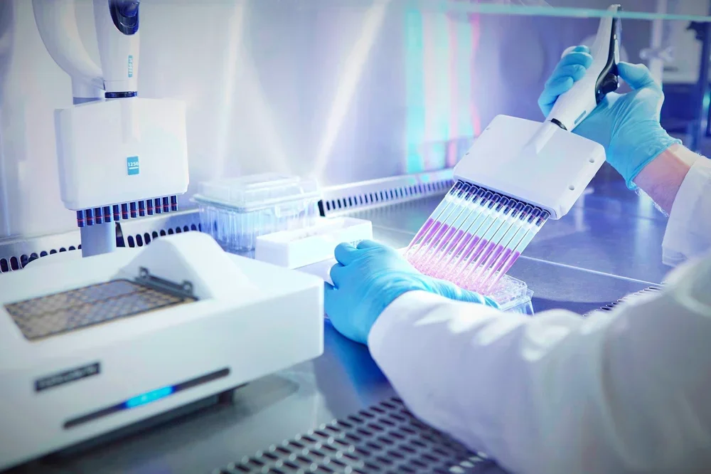 Wissenschaftler transplantiert Zellen in einem Labor mit spezieller Ausrüstung und blauer Schutzhandschuhe.