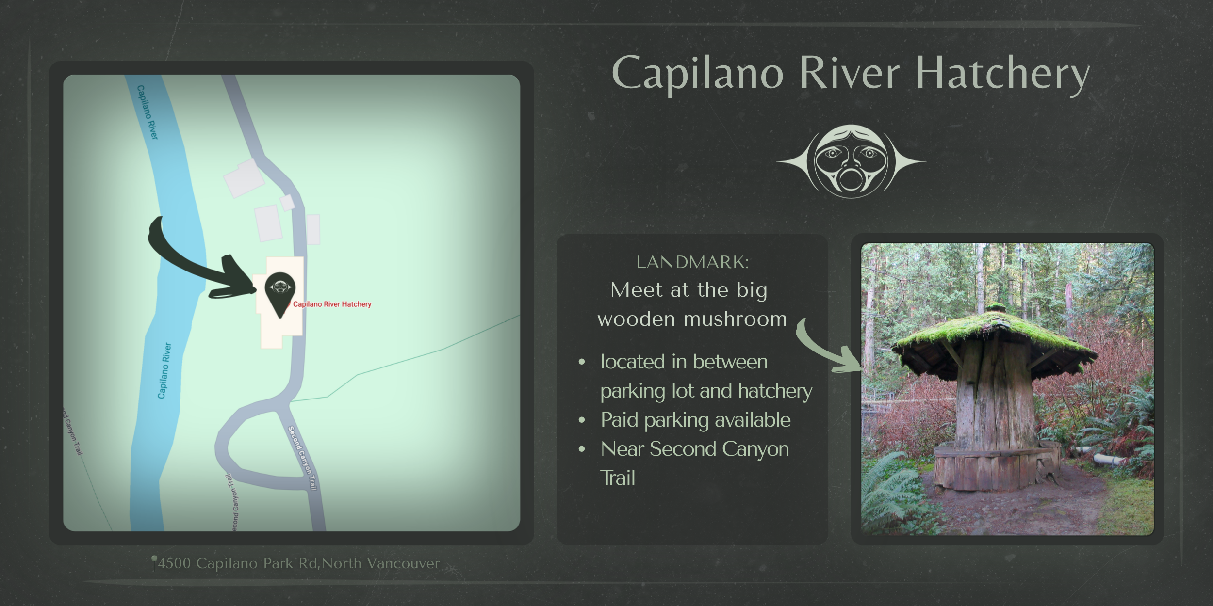 Map showing the location of Capilano River Hatchery along the Capilano River near North Vancouver, with a photo of a wooden mushroom-shaped structure in a forest.